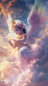 Celestial child with radiant wings drifting through dawn.