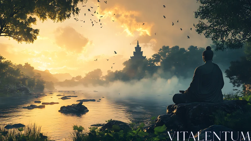 Serene monk silhouette at sunrise beside misted river.