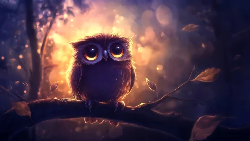 Adorable baby owl on branch in magical, glowing forest scene.