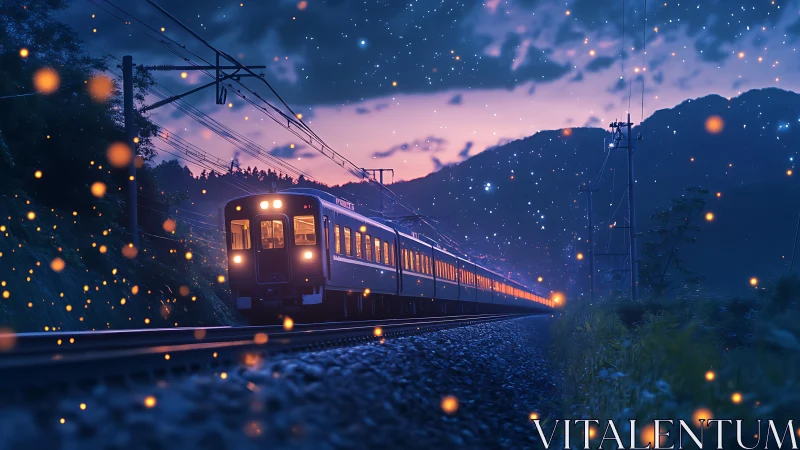 Night train crossing rural tracks under glowing sky.