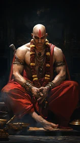 Ascetic strategist broods in ember-lit sacred darkness.