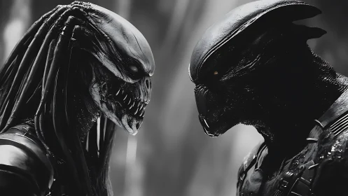 Opposing alien warriors in tense monochrome cinematic standoff.