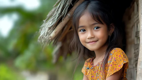 Young Girl in Golden Floral Dress by Rustic Shelter.