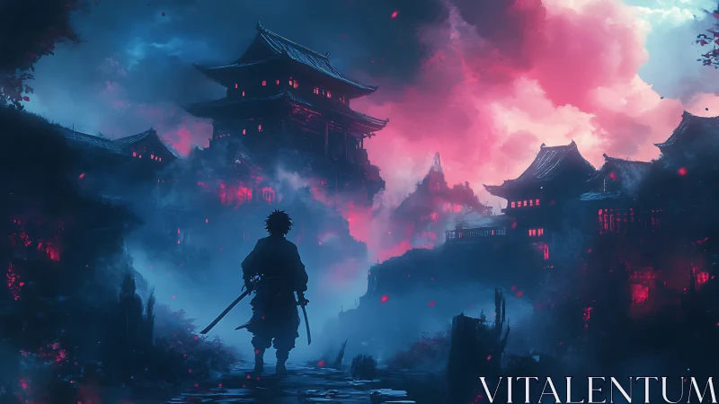 Samurai silhouette haunts neon storm above misty citadel.