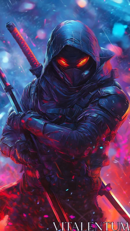 Hooded cyber ninja with glowing eyes in neon storm.