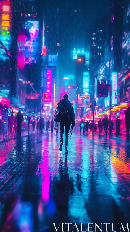 Lone figure crossing neon rain street in cyberpunk cityscape.
