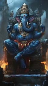 Blue elephant-headed deity seated on ornate stone throne.