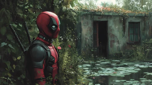 Quietly watchful masked hero pauses by an overgrown pond