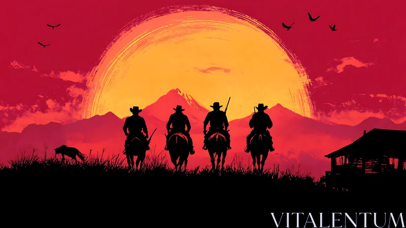 Silhouetted riders before large sun over mountainous horizon.