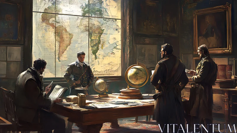 Cartographers studying world map in dim historical office.