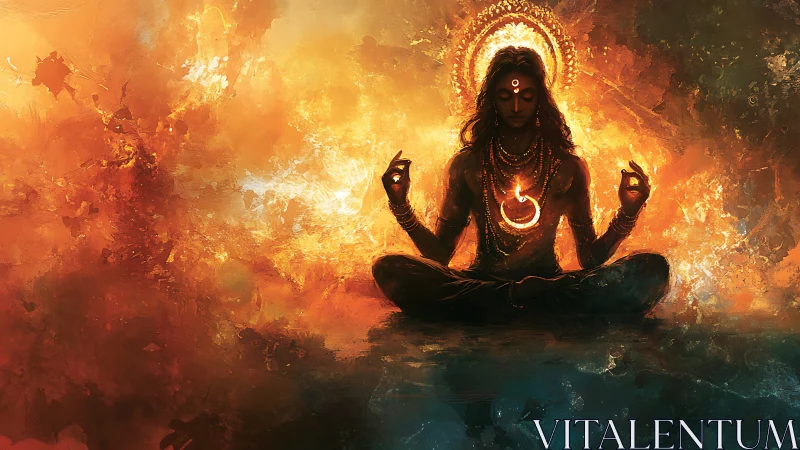 Serene firelit yogi resting in glowing spiritual stillness.