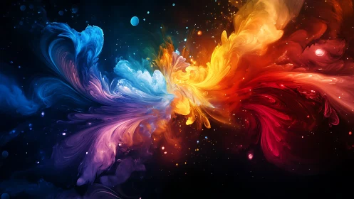 Vibrant swirling nebula of blue, yellow, and red colors.