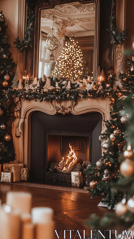 Gilded Christmas hearth glowing beneath a mirrored fairy tree.
