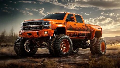 Lifted orange custom pickup dominates arid off-road landscape