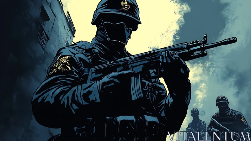 Shadowed tactical team advances under a storm-bright sky