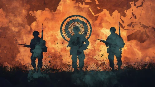 Silhouetted armed soldiers before map and radial emblem.