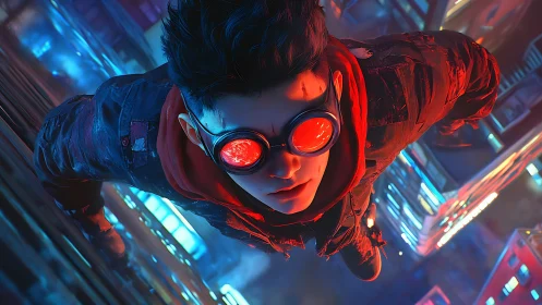 Cyberpunk rooftop freefall portrait in neon bicolor lighting.