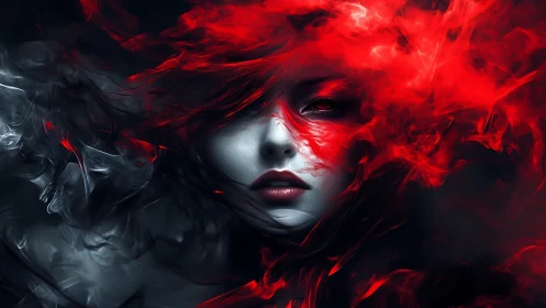 Surreal female portrait engulfed in red and black vapor fields