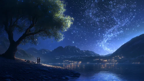 Two figures stand by a lake under a dense star field