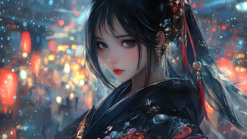 Digital anime portrait in neon-lit rain scene composition.