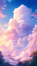 Sunlit pastel clouds tower above a dreamy mountain valley