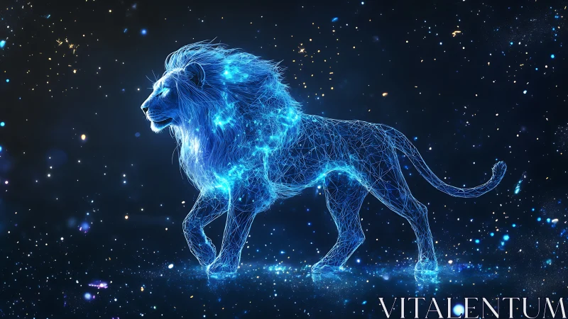 Luminous wireframe lion strides through a cosmic digital night