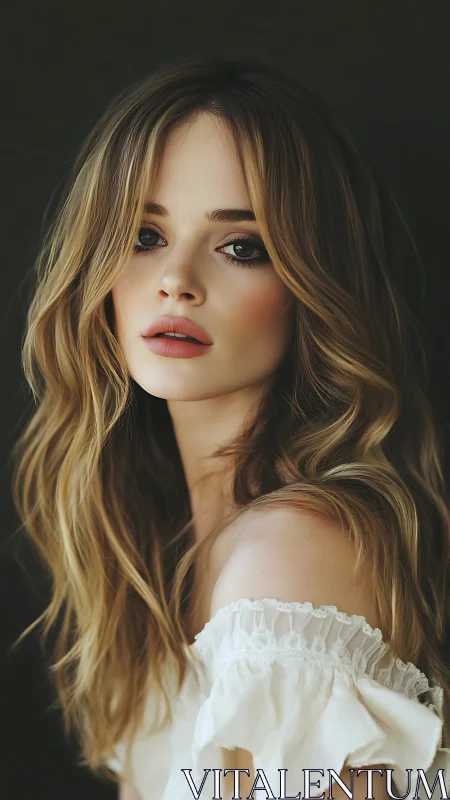 Soft-lit portrait of young woman in white lace dress.