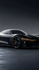 Sleek black sports coupe is positioned on a studio floor