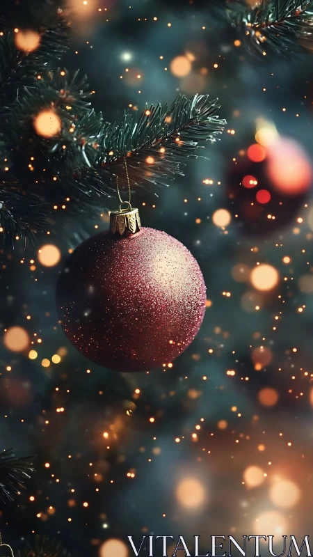 Glittered red bauble on evergreen branch with festive bokeh.