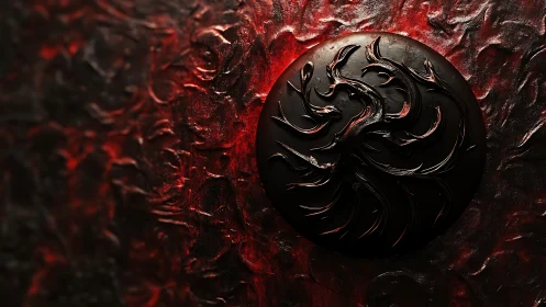 Radial obsidian emblem on textured crimson inferno wall.