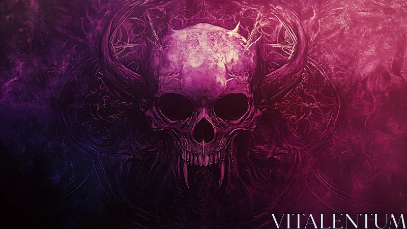 Horned skull illustration with abstract purple textures.