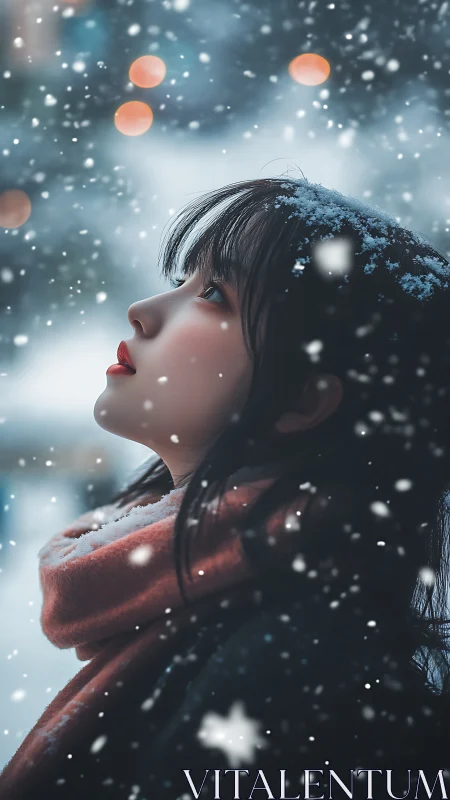 Profile view of young woman in snowfall at dusk outdoors.