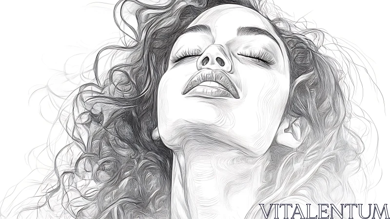 Curly haired woman portrait in expressive pencil lines.