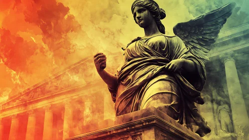 Winged marble statue before neoclassical temple facade.