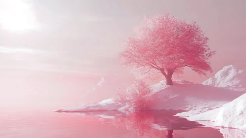 Gentle pink lakeside tree welcomes quiet dreamy moments