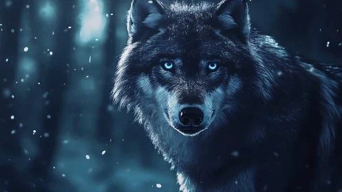 Moonlit frost wolf with electric eyes in silent snowbound forest.