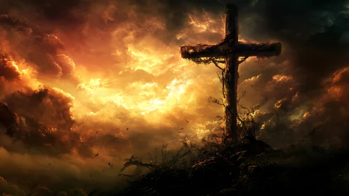 Lone wooden cross silhouetted in blazing storm sky.