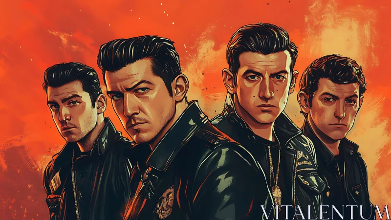 Stylized quartet of leather-clad men on vivid orange backdrop