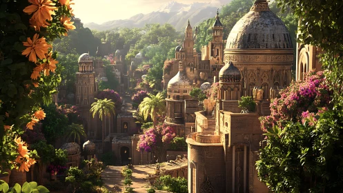 Sunlit terracotta domed city framed by lush tropical foliage