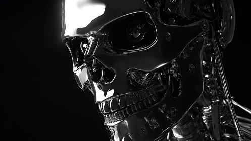 Chromed humanoid robotic skull in side profile view.