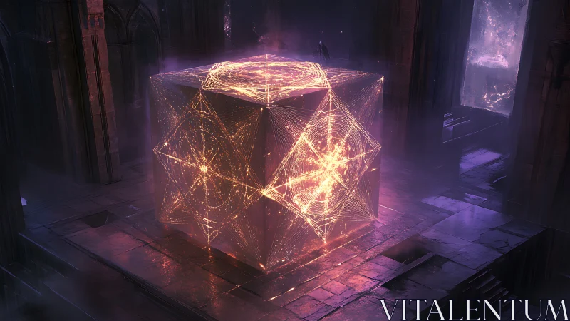 Luminous geometric cube structure in dark stone chamber.