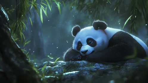 Sleepy panda rests on mossy rock in a glowing forest dream.