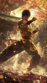 Martial artist unleashes power amid glowing autumn storm.