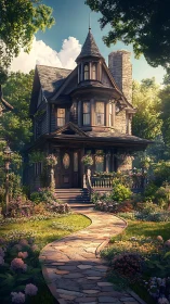 Victorian turreted house under warm directional sunlight amid dense garden