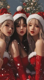 Three women in red Santa outfits before lit trees.