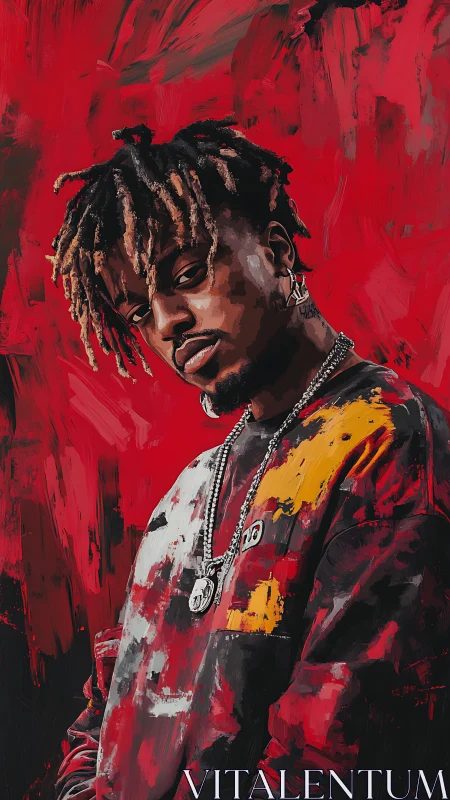 Chromatic portrait of hooded figure in gestural red field.