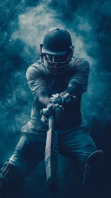 Cricket batsman drives ball through swirling teal fog
