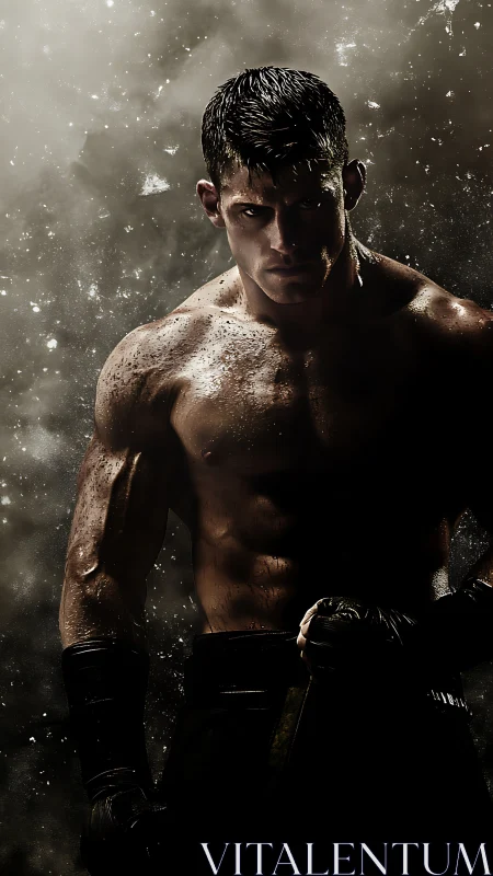 Moody portrait of muscular boxer emerging from darkness.