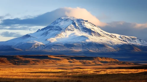 Snow covered mountain dominates sunlit grassland plain