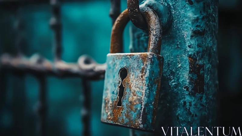 Rust-tongued padlock guarding a weather-beaten teal gate.